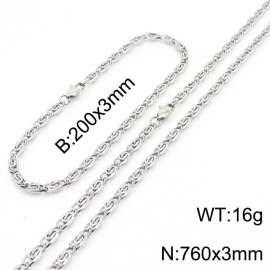 Silver Color Stainless Steel Link Chain 760×3mm Necklaces 200×3mm Bracelets Jewelry Sets For Women Men