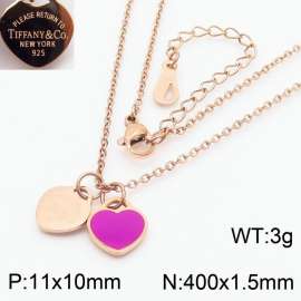 Stainless steel simple and fashionable C-shaped open rose gold necklace with rose and deep pink heart shaped pendants hanging in the middle