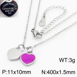 Stainless steel simple and fashionable C-shaped open silver necklace with silver and deep pink heart shaped pendants hanging in the middle