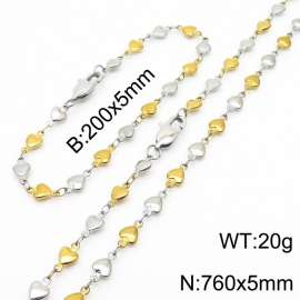 Gold Silver Color Stainless Steel Heart Chain 760×5mm Necklaces 200×5mm Bracelet s Jewelry Sets For Women Men