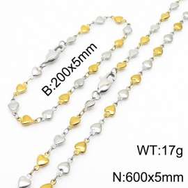 Gold Silver Color Stainless Steel Heart Chain 600×5mm Necklaces 200×5mm Bracelet s Jewelry Sets For Women Men