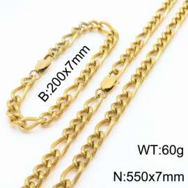 7mm55cm&7mm20cm fashionable stainless steel 3:1 patterned side chain gold bracelet necklace two-piece set