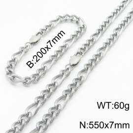 7mm55cm&7mm20cm fashionable stainless steel 3:1 patterned side chain steel color bracelet necklace two-piece set