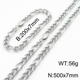 7mm50cm&7mm20cm fashionable stainless steel 3:1 patterned side chain steel color bracelet necklace two-piece set