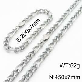 7mm45cm&7mm20cm fashionable stainless steel 3:1 patterned side chain steel color bracelet necklace two-piece set