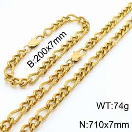 7mm71cm&7mm20cm fashionable stainless steel 3:1 patterned side chain gold bracelet necklace two-piece set