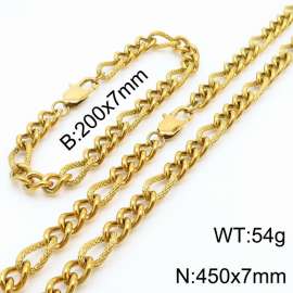 7mm45cm&7mm20cm fashionable stainless steel 3:1 patterned side chain gold bracelet necklace two-piece set