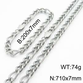 7mm71cm&7mm20cm fashionable stainless steel 3:1 patterned side chain steel color bracelet necklace two-piece set