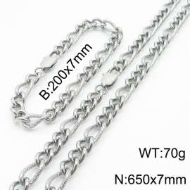 7mm65cm&7mm20cm fashionable stainless steel 3:1 patterned side chain steel color bracelet necklace two-piece set