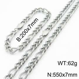 7mm55cm&7mm20cm fashionable stainless steel 3:1 patterned side chain steel color bracelet necklace two-piece set