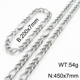 7mm45cm&7mm20cm fashionable stainless steel 3:1 patterned side chain steel color bracelet necklace two-piece set