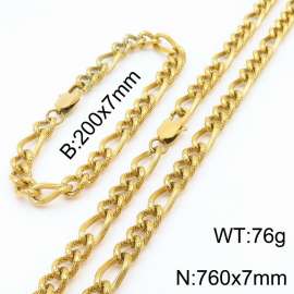 7mm76cm&7mm20cm fashionable stainless steel 3:1 patterned side chain gold bracelet necklace two-piece set