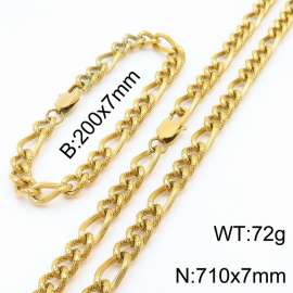 7mm71cm&7mm20cm fashionable stainless steel 3:1 patterned side chain gold bracelet necklace two-piece set