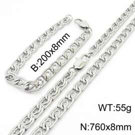 8mm76cm&8mm20cm Fashion Stainless Steel Edge Pressing Paper Clip Chain Steel Color Bracelet Necklace Two Piece Set