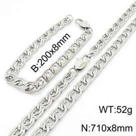 8mm71cm&8mm20cm Fashion Stainless Steel Edge Pressing Paper Clip Chain Steel Color Bracelet Necklace Two Piece Set