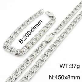 8mm45cm&8mm20cm Fashion Stainless Steel Edge Pressing Paper Clip Chain Steel Color Bracelet Necklace Two Piece Set