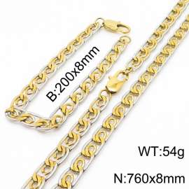 8mm76cm&8mm20cm fashionable stainless steel edge pressing paper clip chain mixed color bracelet necklace two-piece set