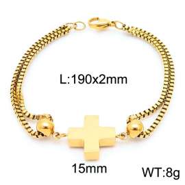 190mm Women Gold-Plated Stainless Steel Box Chain Bracelet with Christian Cross Charm