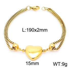 190mm Women Gold-Plated Stainless Steel Box Chain Bracelet with Smooth Love Heart Charm
