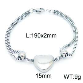 190mm Women Stainless Steel Box Chain Bracelet with Smooth Love Heart Charm