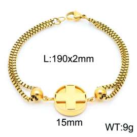 190mm Women Gold-Plated Stainless Steel Box Chain Bracelet with Christian Cross Disc Charm