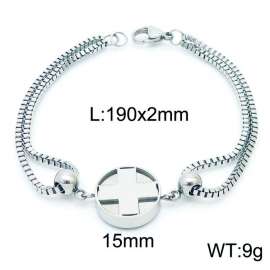 190mm Women Stainless Steel Box Chain Bracelet with Christian Cross Disc Charm