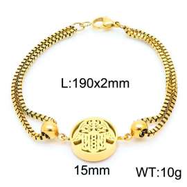 190mm Women Gold-Plated Stainless Steel Box Chain Bracelet with Fatima Hand Disc Charm