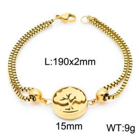 190mm Women Gold-Plated Stainless Steel Box Chain Bracelet with Tree Disc Charm