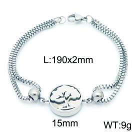 190mm Women Stainless Steel Box Chain Bracelet with Tree Disc Charm