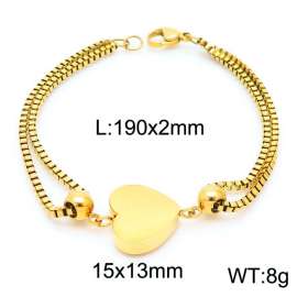 190mm Women Gold-Plated Stainless Steel Box Chain Bracelet with Edged Love Heart Charm