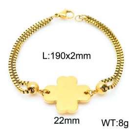 190mm Women Gold-Plated Stainless Steel Box Chain Bracelet with Clover Charm