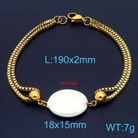190mm Women Gold-Plated Stainless Steel Box Chain Bracelet with Oval Shell Pearl Charm