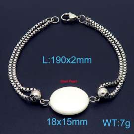 190mm Women Stainless Steel Box Chain Bracelet with Oval Shell Pearl Charm
