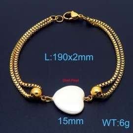 190mm Women Gold-Plated Stainless Steel Box Chain Bracelet with Love Heart Shell Pearl Charm