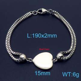190mm Women Stainless Steel Box Chain Bracelet with Love Heart Shell Pearl Charm