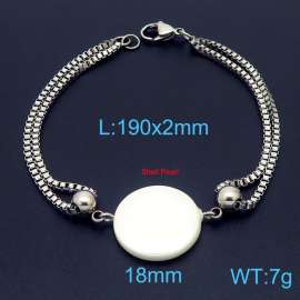 190mm Women Stainless Steel Box Chain Bracelet with Round Shell Pearl Charm