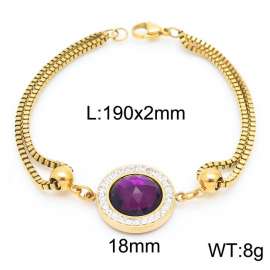 190mm Women Gold-Plated Stainless Steel&Rhinestones Box Chain Bracelet with Purple Zircon Charm