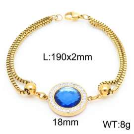190mm Women Gold-Plated Stainless Steel&Rhinestones Box Chain Bracelet with Blue Zircon Charm
