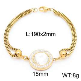 190mm Women Gold-Plated Stainless Steel&Rhinestones Box Chain Bracelet with Translucent Zircon Charm