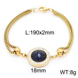 190mm Women Gold-Plated Stainless Steel&Rhinestones Box Chain Bracelet with Black Zircon Charm