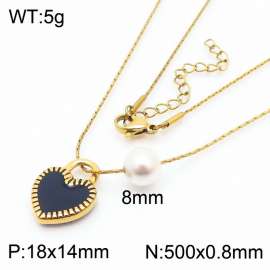 Fashion stainless steel 500 × 0.8mm Fine Chain Hanging Black Shell Heart shaped Pendant Pearl Charm Gold Necklace