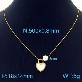 Fashion stainless steel 500 × 0.8mm Fine Chain Hanging White Shell Heart shaped Pendant Pearl Charm Gold Necklace