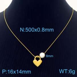 Fashion stainless steel 500 × 0.8mm Fine Chain Hanging Heart shaped Pendant Pearl Charm Gold Necklace