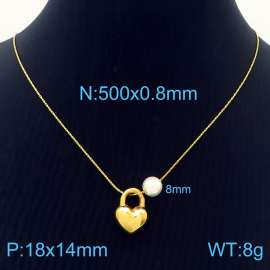 Fashion stainless steel 500 × 0.8mm Fine Chain Hanging Heart shaped Pendant Pearl Charm Gold Necklace