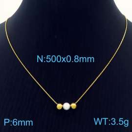 Fashion stainless steel 500 × 0.8mm fine chain with 2 beads and 1 6mm pearl pendant Charming gold necklace