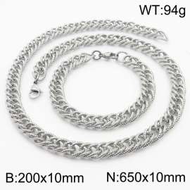10mm Hammer Pattern Chain & Link Jewelry Set for Men Stainless Steel Silver 20cm Bracelet 65cm Necklace Set