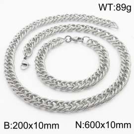 10mm Hammer Pattern Chain & Link Jewelry Set for Men Stainless Steel Silver 20cm Bracelet 60cm Necklace Set