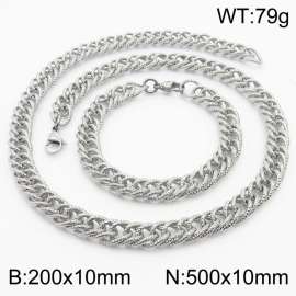 10mm Hammer Pattern Chain & Link Jewelry Set for Men Stainless Steel Silver 20cm Bracelet 50cm Necklace Set