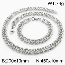 10mm Hammer Pattern Chain & Link Jewelry Set for Men Stainless Steel Silver 20cm Bracelet 45cm Necklace Set