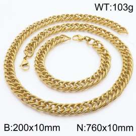 10mm Hammer Pattern Chain & Link Jewelry Set for Men Stainless Steel Gold 20cm Bracelet 76cm Necklace Set